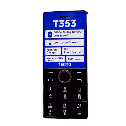 TECNO T353 feature phone displayed with focus on its 2.0" screen, dual SIM slots, and a 3000mAh battery.